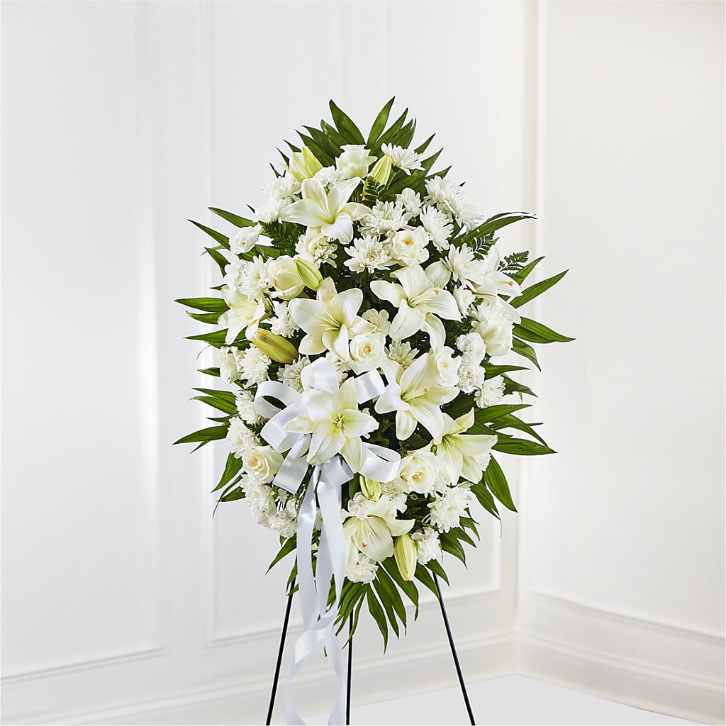 Exquisite Tribute Standing Spray-White Ribbon – Prestige House Of Flowers, Biddeford ME